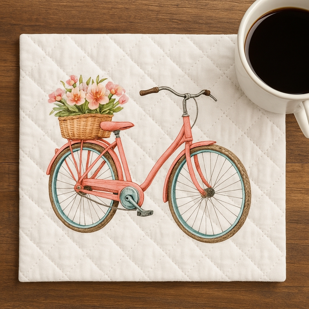 Floral Bicycle Quilted Mug Rug / Coaster